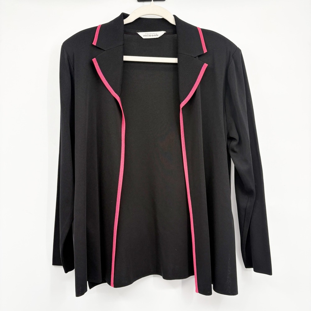 Misook Womens Black Pink Trim Knit Professional Career Open Front Cardigan